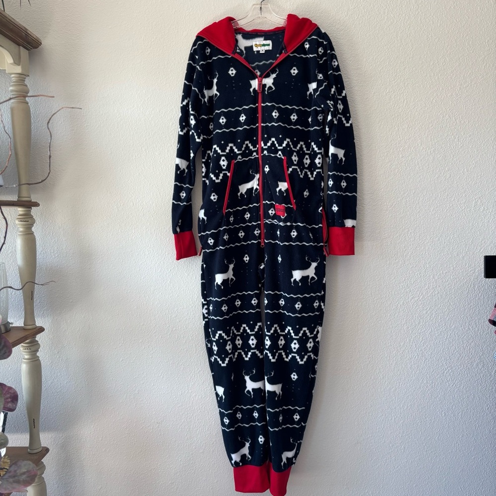 Tipsy Elves One-piece Medium Blue White Reindeer Fair Isle Hooded Pajamas Suit
